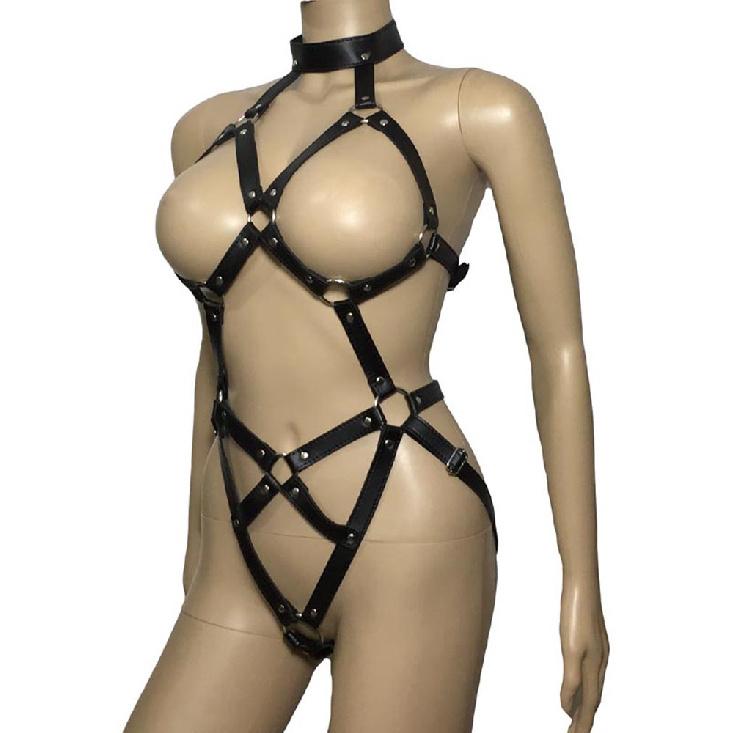 Womens PU Leather Strappy Body Harness Teddies Cupless Jockstrap Halter Neck Bodysuit Fetish Costume LingerieGood Product
