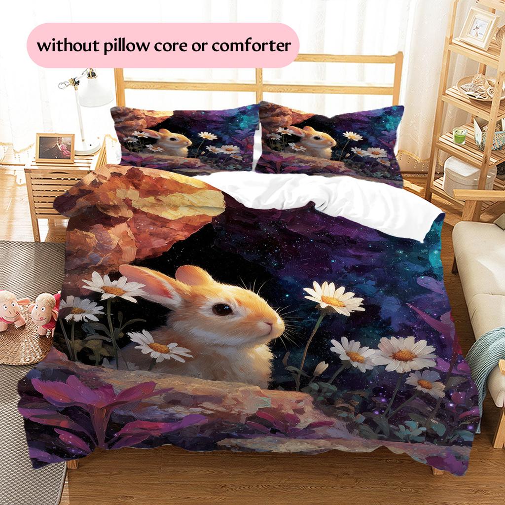 Rabbit in Flower Bush Pattern Bedding Quilt Set Home Decoration Gift (1 * duvet cover + 2 * pillowcase, without core)