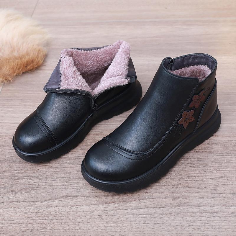 Retro Shoes with Fleece Short Boots, Round Toe Waterproof and Warm Women's Anti-slip Cotton Shoes