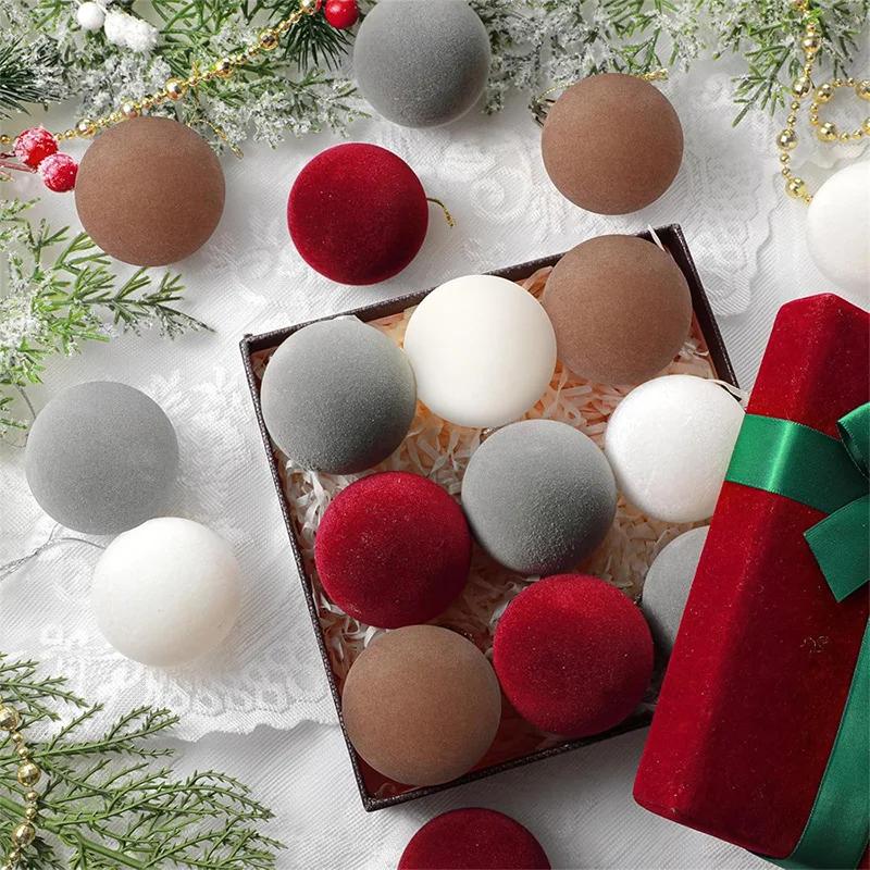 12/24pcs Christmas Decorative Ball 6cm Vintage Wine Red Velvet Decorative Ball Christmas Ball Pendant Festival Party Decoration