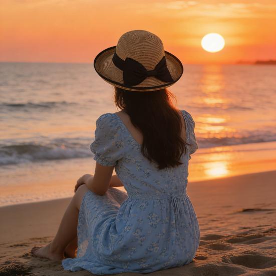 Bucket Hat Wide Wavy Lace Brim Sun Protection Hat with Ribbon Bow Decoration Summer Travel Beach Vacation Hat