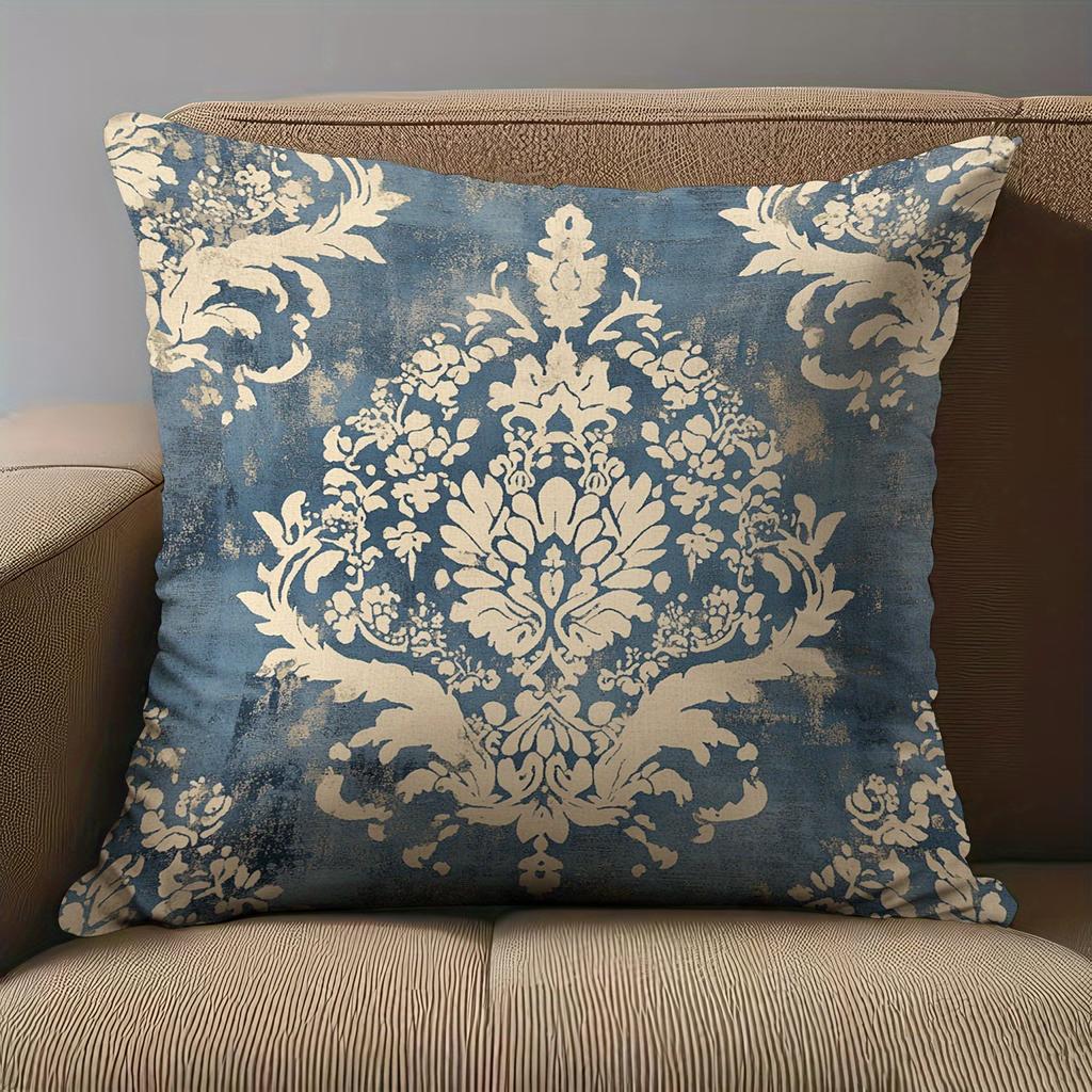 1 Pezzo Federa Cuscino Damascata Blu Vintage, Poliestere Stampa 2D Double-Sided, Morbida Federa Cuscino da Arredo, Decorazione Rustica, Perfetto per la Casa Nuova