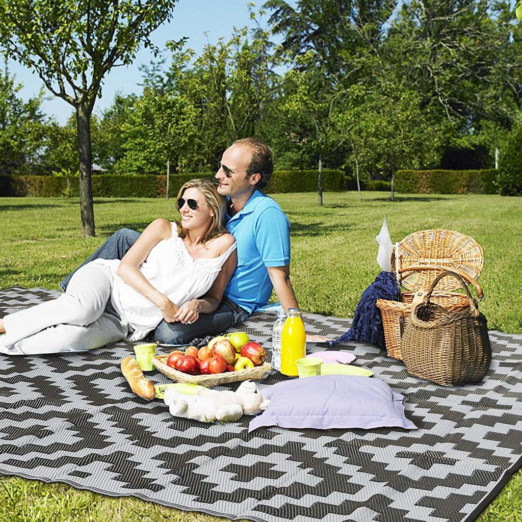 Large Outdoor Rugs for Patio Reversible Easy Clean Motorhome Carpet Rugs Portable Summer Waterproof PP Pipe Woven Beach Mat Grey
