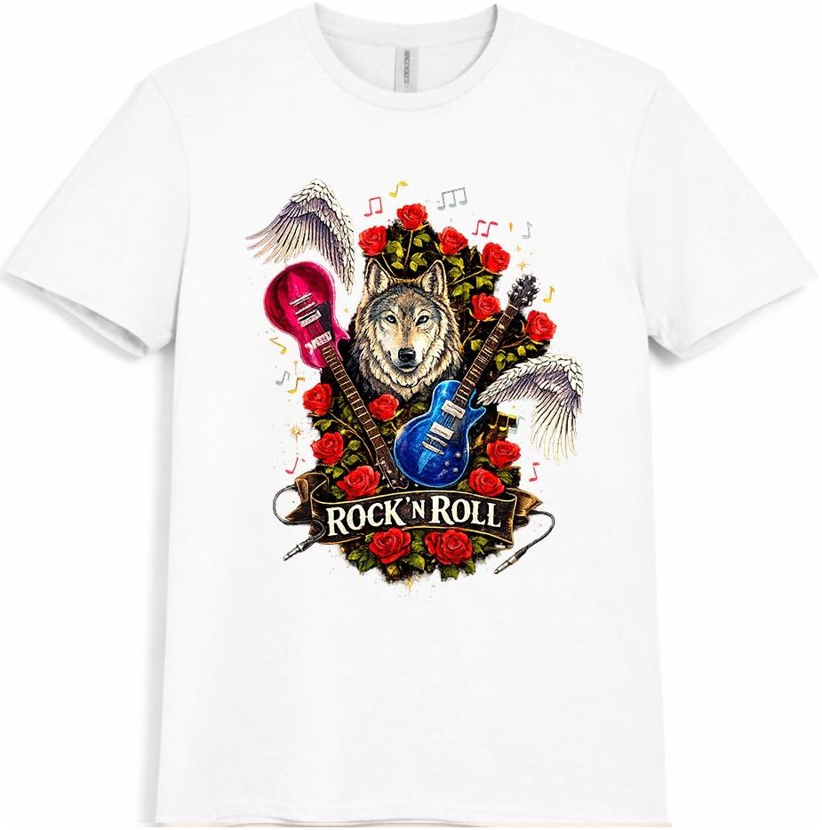 Wolf Rock N Roll T Shirt Guitar Roses Wings Music Graphic Vintage Tee