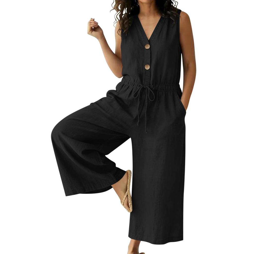 Women Button Down Sleeveless Rompers Wide Legs Cotton Linen Rompers With Pocket
