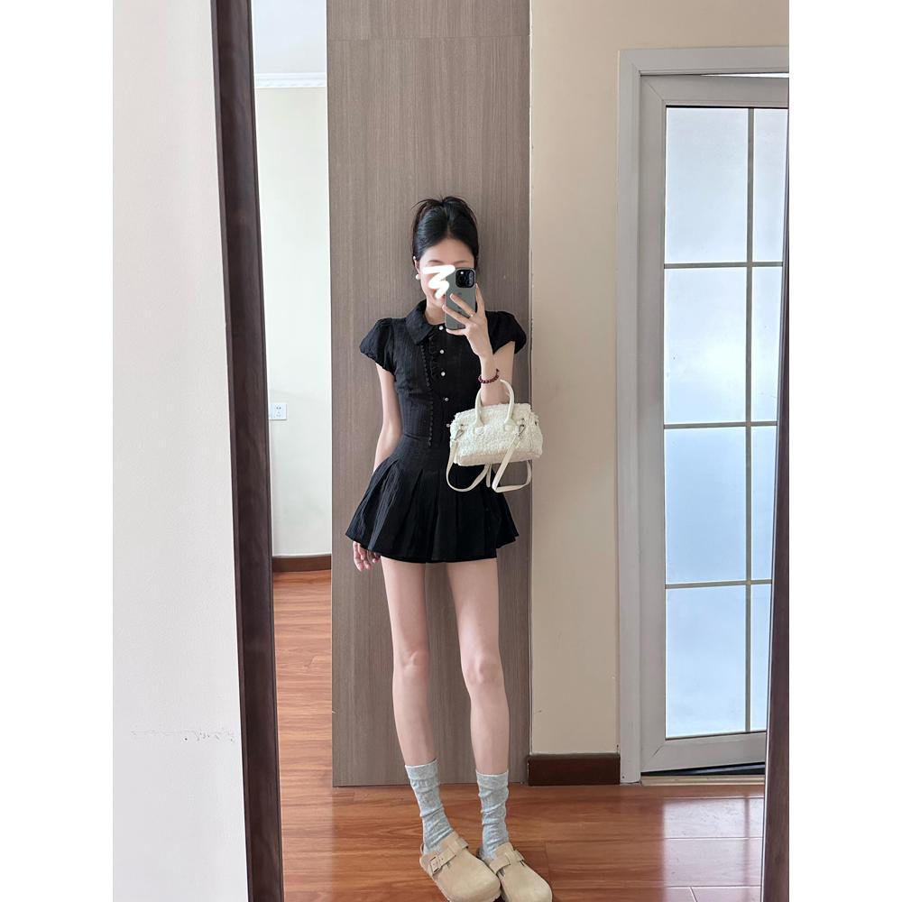 Preppy style white puff sleeve shirt dress women's summer temperament waist casual small woman sweet short skirt