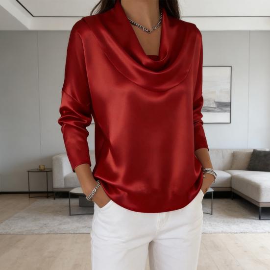 Cămașă Femei Guler Leagăn Mânecă Lungă Bluză Satin Netedă Culoare Solidă Croială Regular Stil Casual de Navetă Cămașă Îmbrăcăminte de Lucru