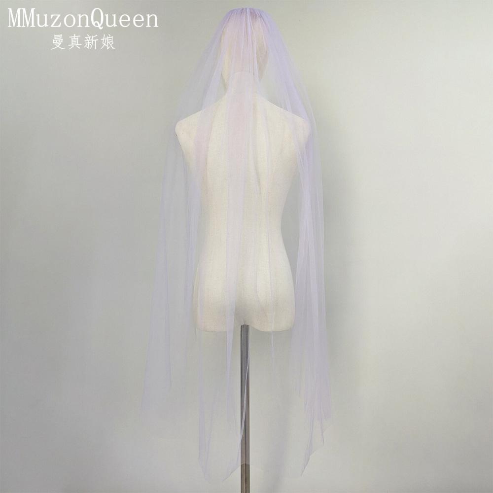 Plain Solid Color Tulle Bridal Veil Single Layer Soft Flowy Simple Wedding Veil White Lavender Light Blue Floor Length Veil For Bride Elopement Shoot