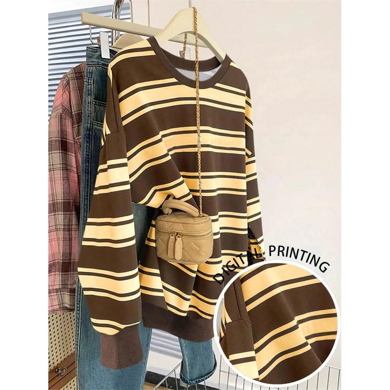 Womens Casual Striped Print Hoodie-Free Sweatshirt Loose Fit Round Neck Long Sleeve Top 2025