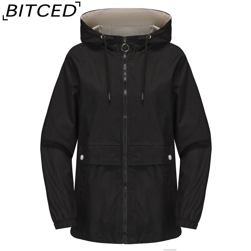 BITCED Hooded Solid-Colour Trench Coat for Women Long-Sleeved Spring/Autumn Lightweight Jacket Casual Style