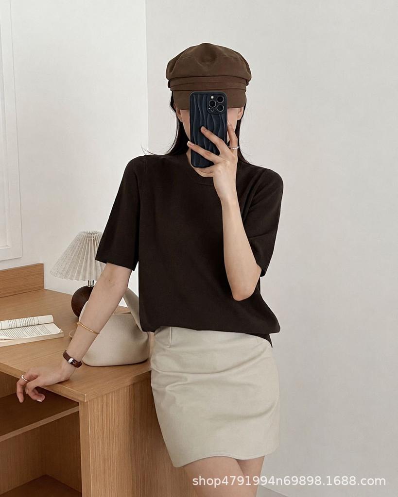 Crew neck mid-sleeved knitted top for women, loose and versatile basic bottoming shirt, factory wholesale
