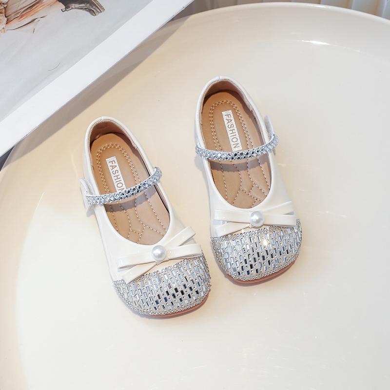 

Girls Princess Shoes Round Toes Sweet Bows Kids Flat Shoes Pu Leather 2025 New Fashion Children Dance Shoes Wedding Ins Trendy 23 бежевый