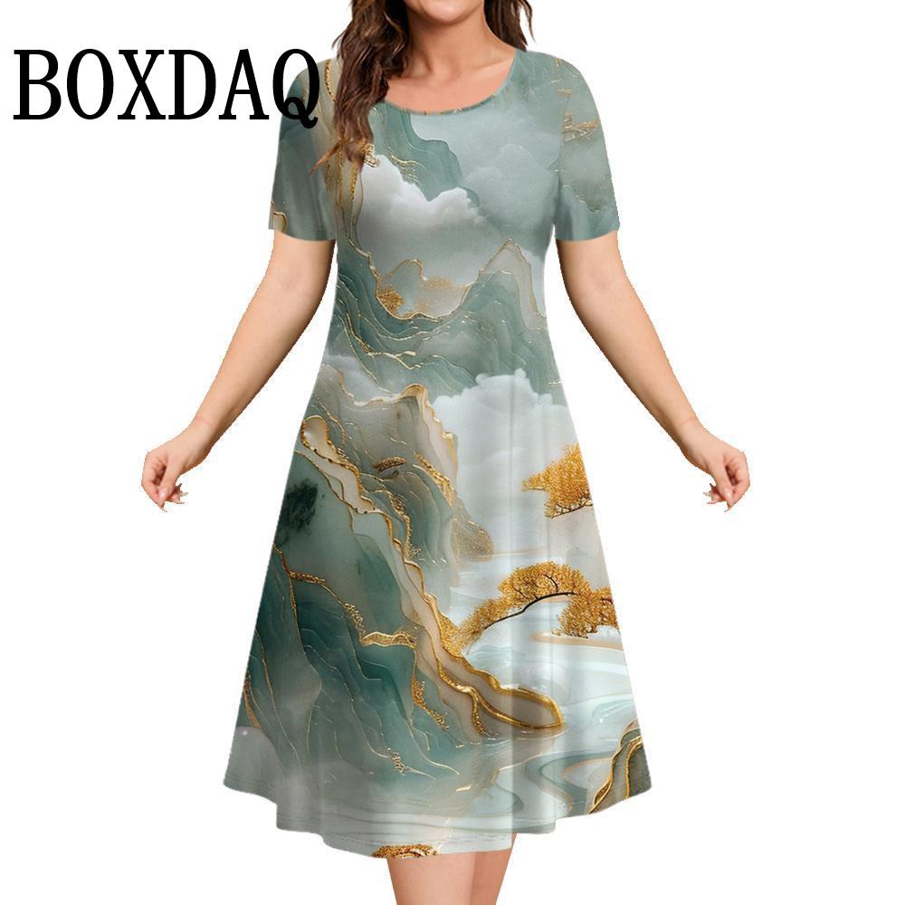 Marble Landscape 3D Printed Women's Clothing Summer Short Sleeve Elegant Party Dresses O-Neck Casual Painting Loose A-Line Dress