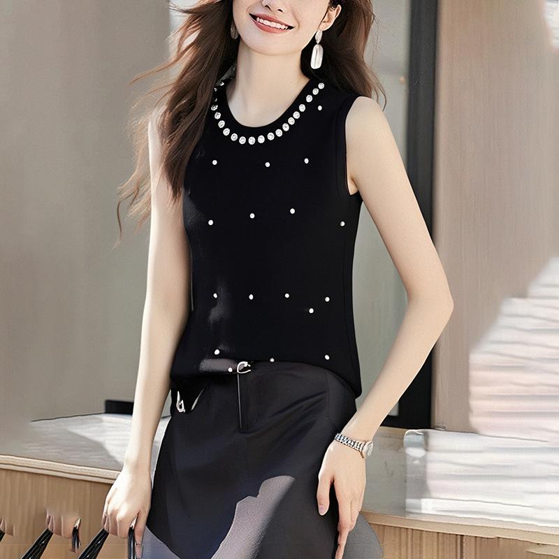 Summer New Round Neck Beaded Vest Women's Knitted Sweater