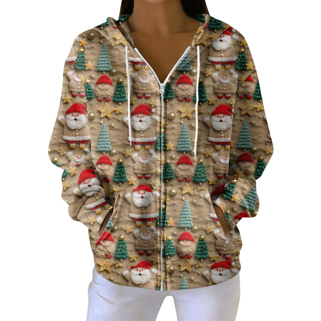 Women's Casual Fashion Long-Sleeved Zip-Up Christmas Print Knitted Hoodie