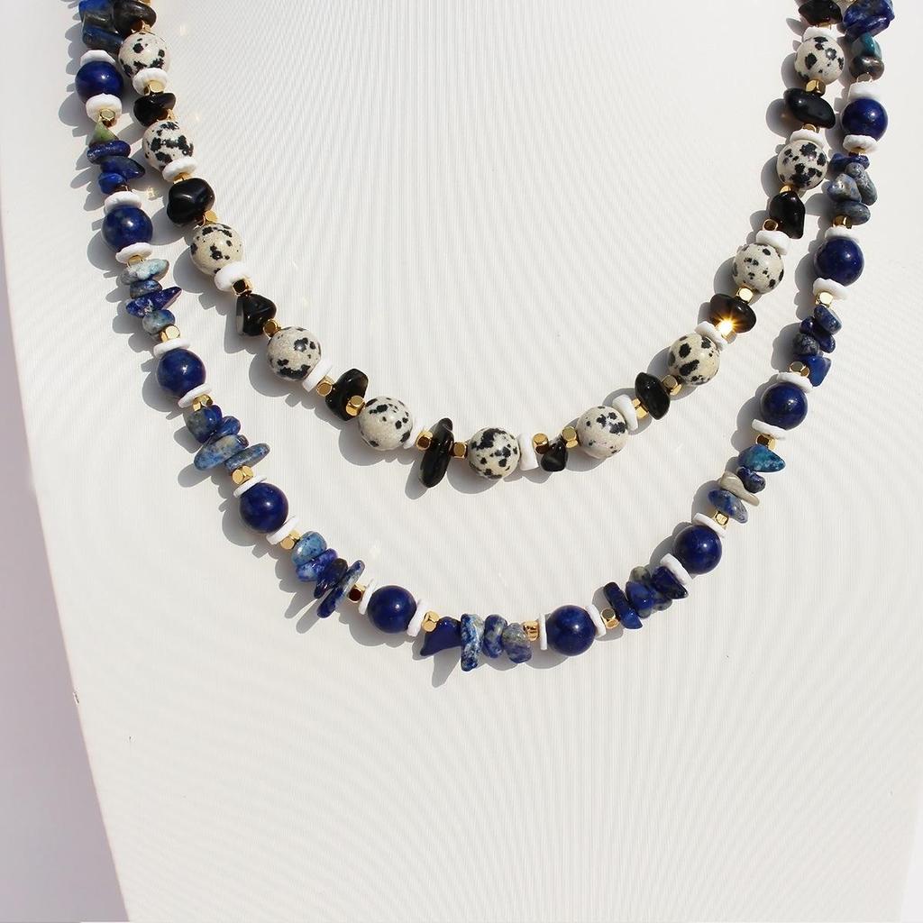 European-American Niche Design Lapis Lazuli Shell Beaded Necklace: Spotted Stone Round Bead Clavicle Chain, Vacation Style