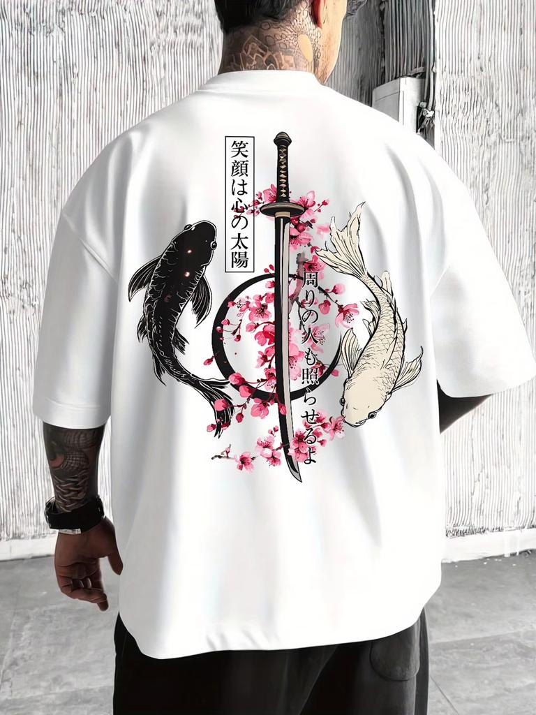 2026 New Style Mens Summer Japanese YinYang Carp Fish and Samurai Sword Pattern Loose Comfortable TShirt