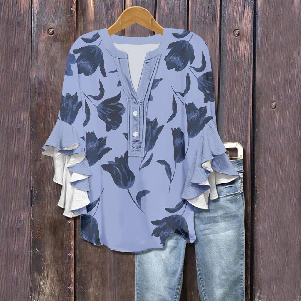 Women's Summer Tops V Neck Three-quarter Sleeves Floral Print Flowing Ruffle Sleeves Half-button Shirt