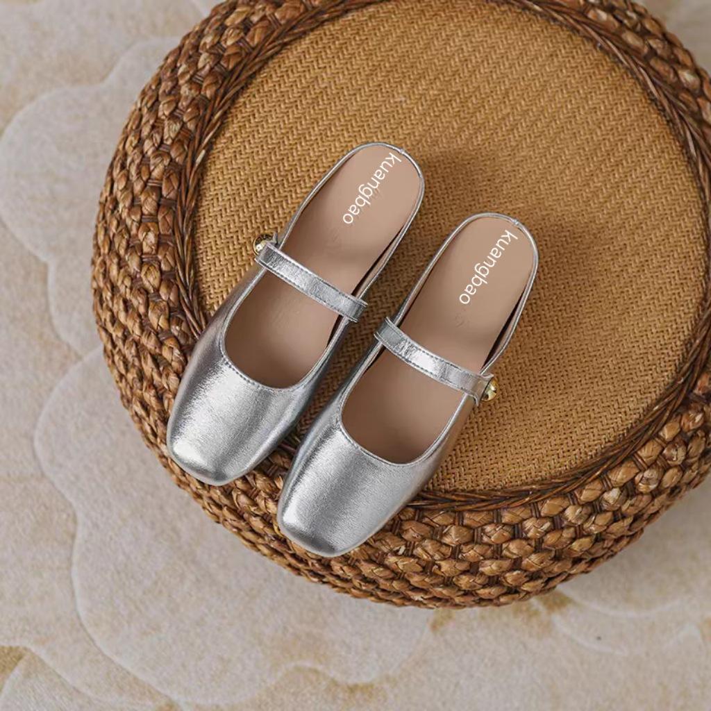 Baotou half slippers women's outer wear 2025 spring and autumn new temperament silver half sandals flat shoes