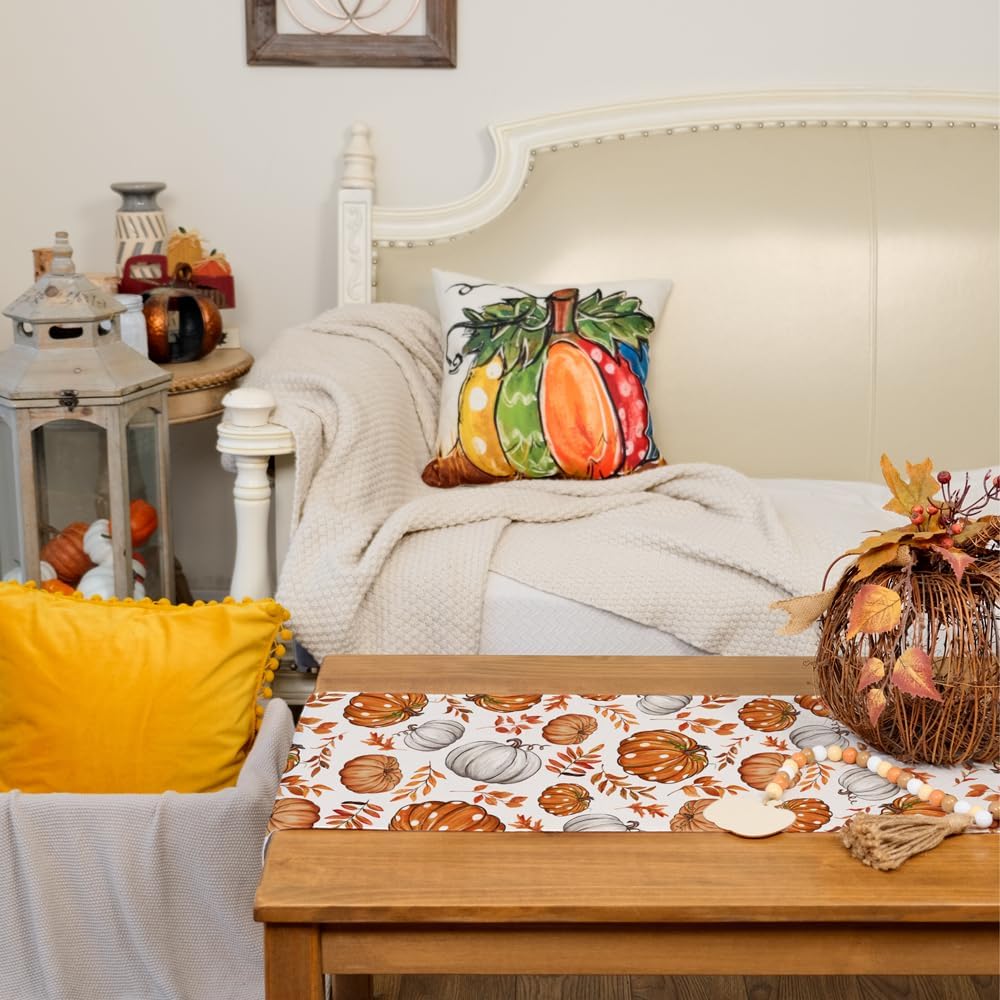 Fall Linen Table Runner Pumpkin Maple Leaves Orange Autumn Seasonal Farmhouse Indoor Kitchen Home Table Party Decorations