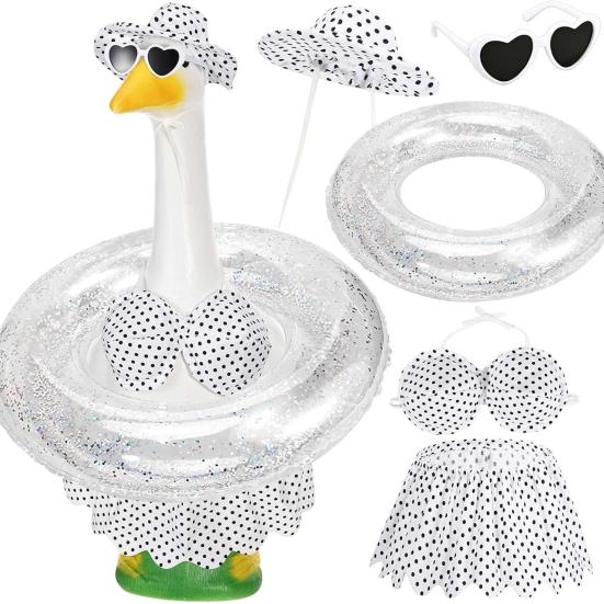 Bikini Porch Goose Outfits, Porch Goose Summer Outfits, Swimsuit with Hat Sunglasses & Swim Ring, Fit 23'' Lawn Goose Statue for Summer Outdoor Garden