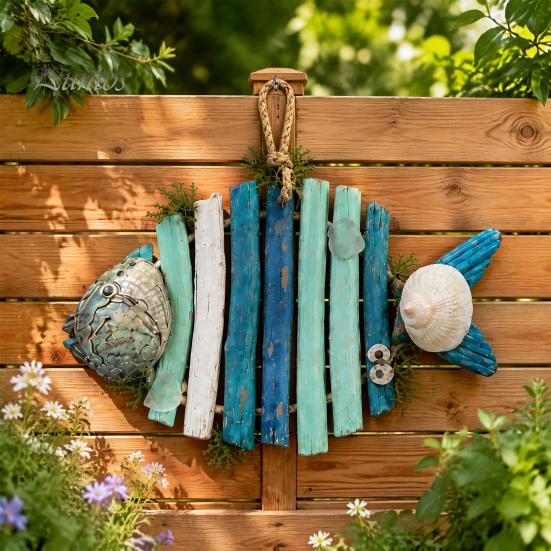 Seaside Style Wall Decorations Lighted Wooden Fish Hanging Decor, Rustic Nautical Fishing Wood Sculpture with LED Lights, Coastal Home Beach