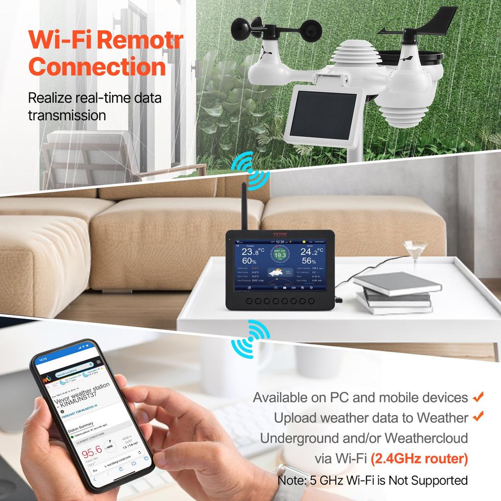 VEVOR 7-in-1 Wi-Fi Weather Station 186mm (7 In) TFT Display Wireless Outdoor Sensor