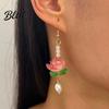 Lotus Flower Earrings 1 Pair for Women Vintage 3D Pink Dangle Pearl Drop Earring Faux Crystal Floral Jewelry Hanfu Cosplay Accessories Fashion Face