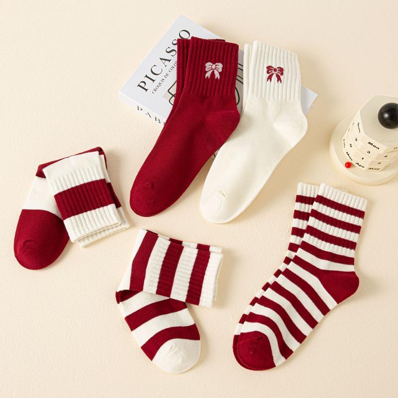 Autumn and Winter Socks for Women, Encore Red Bow Mid-calf Socks, Striped Versatile Cotton Women's Socks, Zhuji Socks