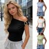 Women Tops Skew Collar Metal Buckle Short Sleeve Pullover Tops Slim Fit Asymmetric Sloping Shoulder Tee Shirt with Golden Metal Ring Decoration