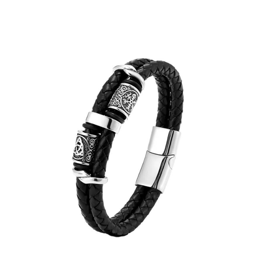 Men's Braided Leather Bracelet with Stainless Steel Clasp and Decorative Beads Adjustable Wristband for Daily Wear and Casual Style