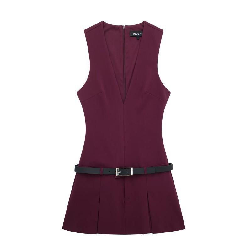 

European American Women s Clothing Fashionable V-neck Sleeveless With Belt Short Dress XS вино красного