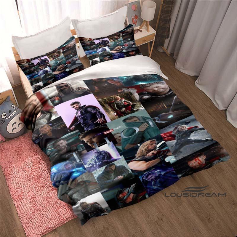 Printed cartoon Thor duvet cover bedding set, anime-themed home decor, suitable for children and adults.