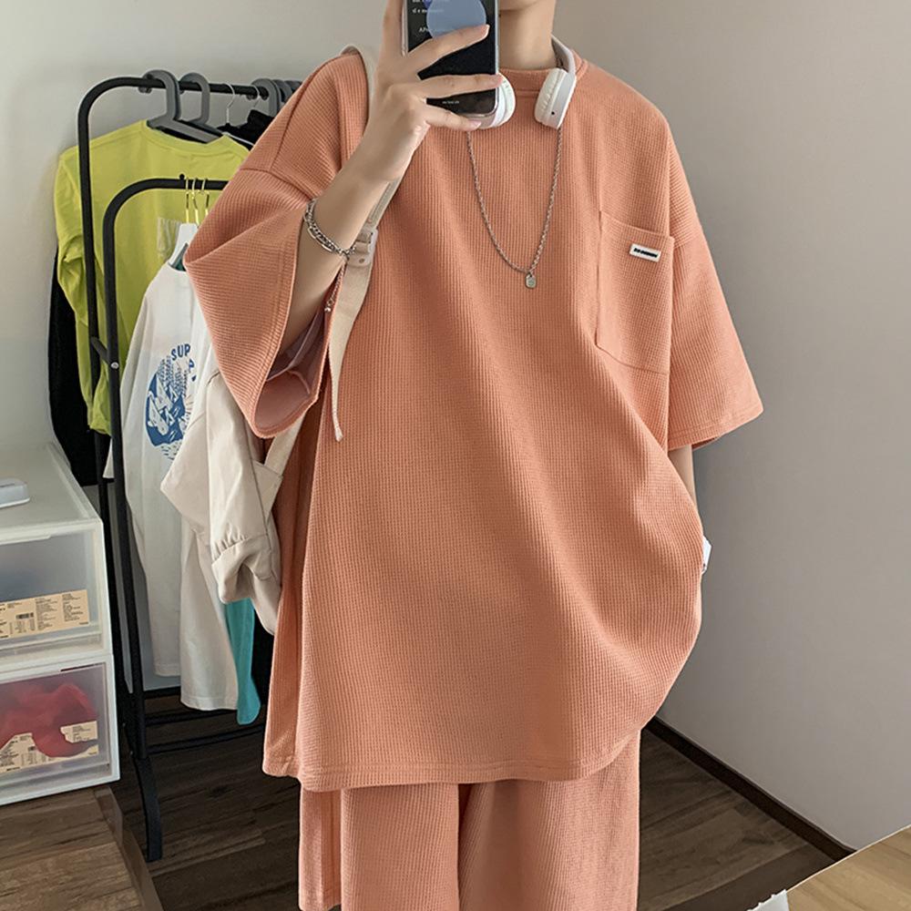 Herren Trendiger Waffel Sommer Zweiteiler: T-Shirt & Shorts