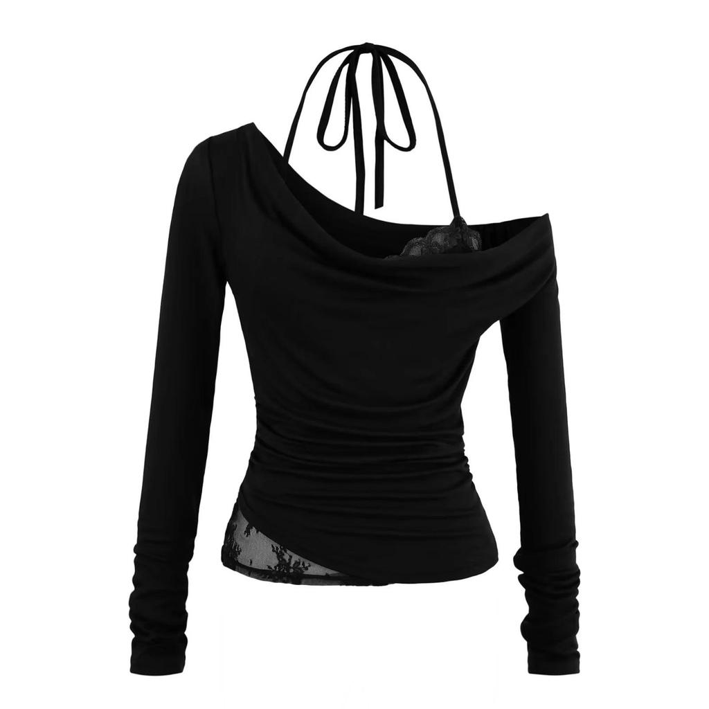 Autumn 2025 Women's Lace Trim Halter Neck Off-Shoulder Slim Long-Sleeve T-Shirt