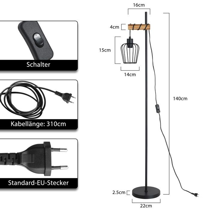 Lampadaire - NETTLIFE - 152 cm - Métal noir - Douille E27 - Style Scandinave Moderne