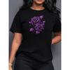 Womens Elegant Purple Rose Print Tee Round Neck Short Sleeve Soft Polyester Blend Lightweight Breathable Spring Summer Sports Casual Top