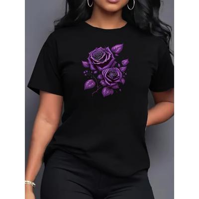 T-shirt da Donna Elegante con Stampa Rosa Viola Girocollo Manica Corta Morbida Miscela di Poliestere Leggera Traspirante Primavera Estate Sportiva Casual