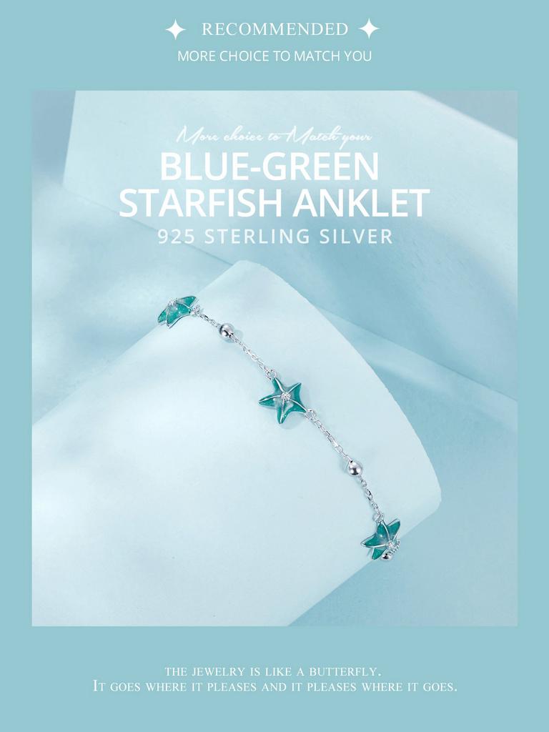 Bamoer 925 Sterling Silver Blue Starfish Bracelet Plated White Gold Adjustable Chain for Women Summer Fine Jewelry Party