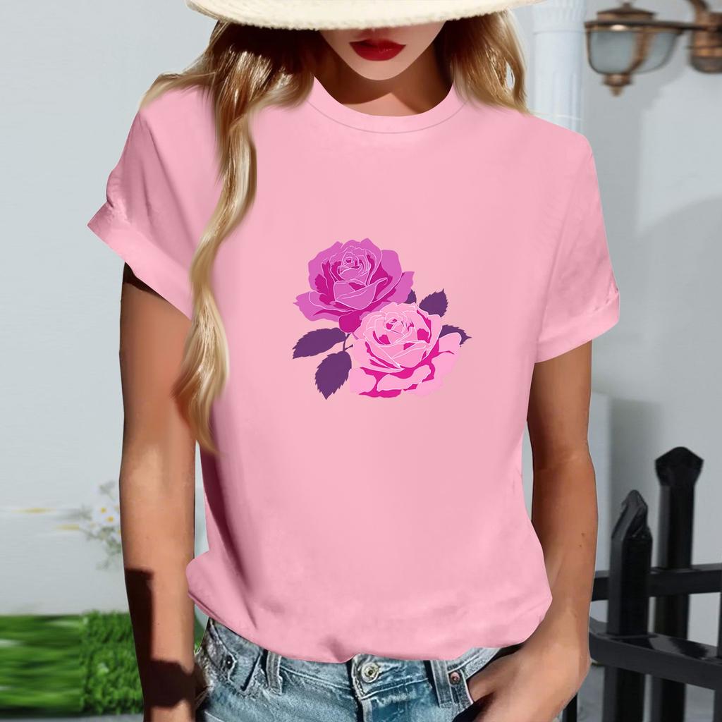 Women's Fashionable Round Neck Casual Retro Print Short Sleeved T-shirt Top
