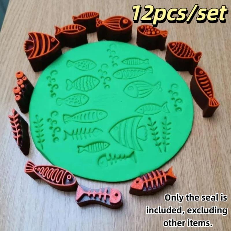 12pcs DIY Pottery Clay Stamps Fish Marine Algae Shapes Plastic Seals Ideal for Kids Creative Classroom Ceramics Projects