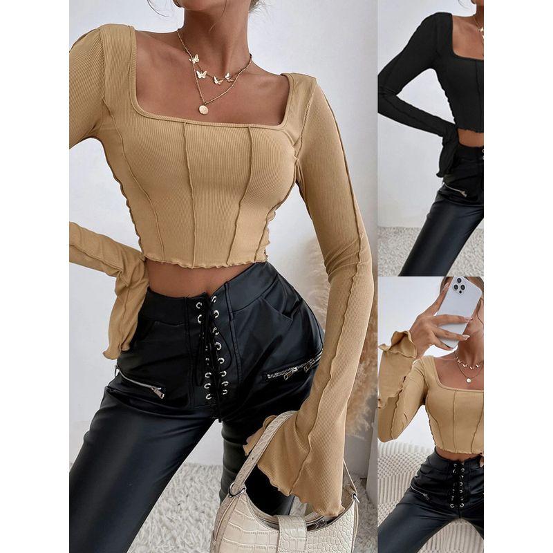 2022 Slim Fitting Long Sleeve Square Neck Pullover T-shirt