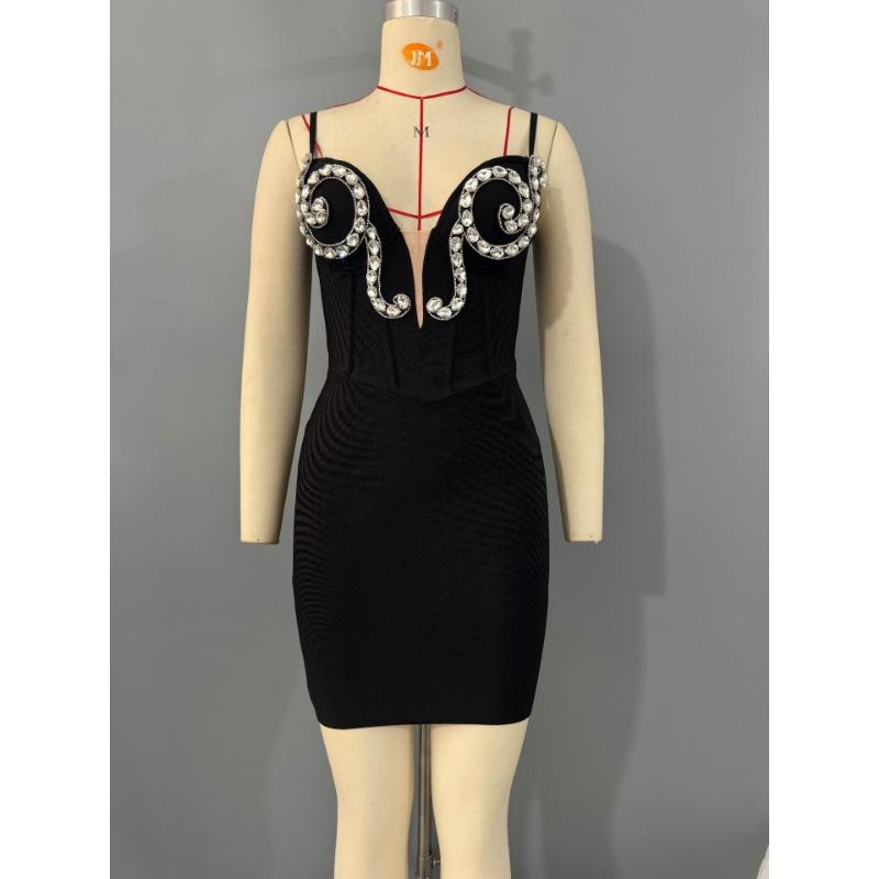 

New bandage dress suspender white sexy mesh tight niche diamond-encrusted mini hip skirt women XL чёрный