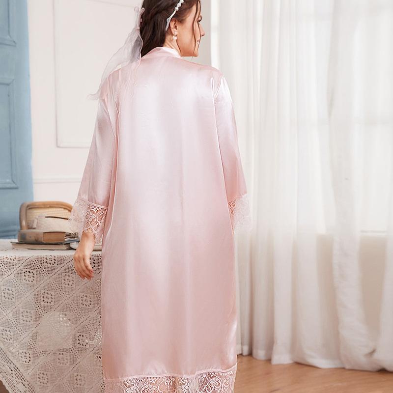 Plus Size Summer Pajamas Simple Casual Cardigan Pajamas Long-sleeved Household Clothes Medium Length Bathrobe Ice Silk Pajamas Women