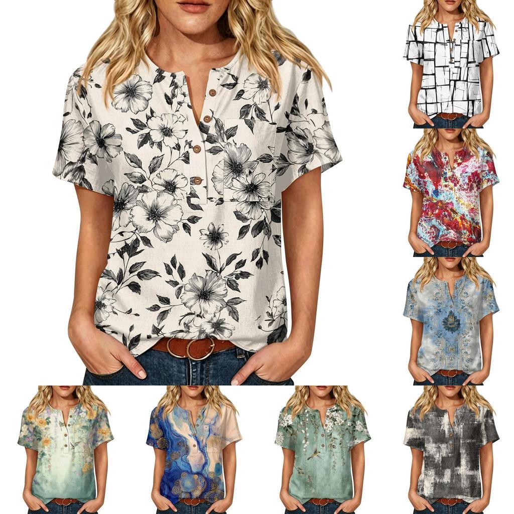 Damenmode Bedrucktes kurzärmeliges Baumwoll-Leinen-Henley-Shirt mit Knopfleiste und Brusttasche für Freizeitkleidung