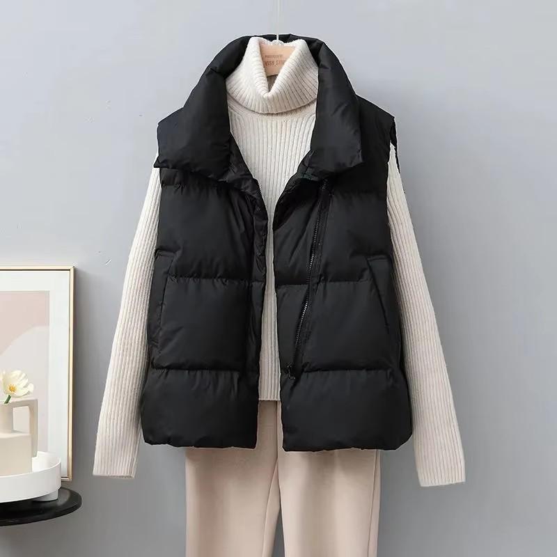 

Winter Warm Cropped Vest Jackets For Women Fashion Sleeveless Stand Collar Zip Up Puffer Waistcoat Street Style Outwear XXL