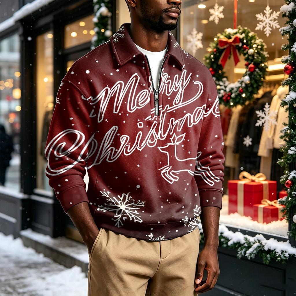 Men's Casual Christmas Print Collared Sweatshirt for Holiday