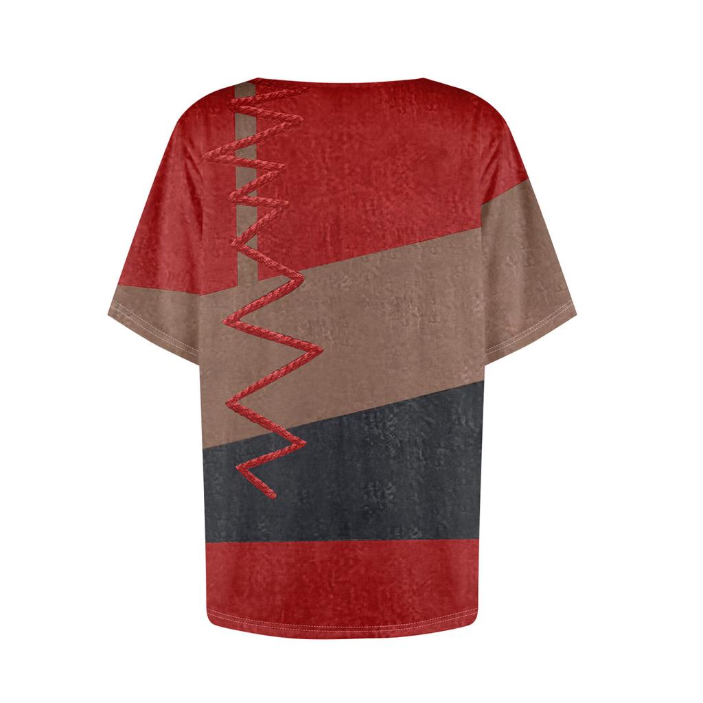 Women's Casual Printed Asymmetric Neck Short Sleeve Decorative Button T-Shirt Top