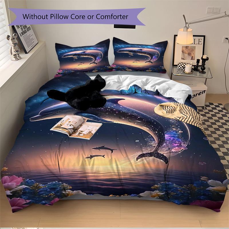 3pcs Anime Dolphin Bedding Set - Includes One Quilt Cover and Two Pillowcases (No Core) - Polyester Fabric, Perfect for Bedroom and Guest Ro