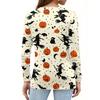 Women's Fashion Casual Halloween Printed V-Neck Button Trim Long Sleeve T-Shirt Top